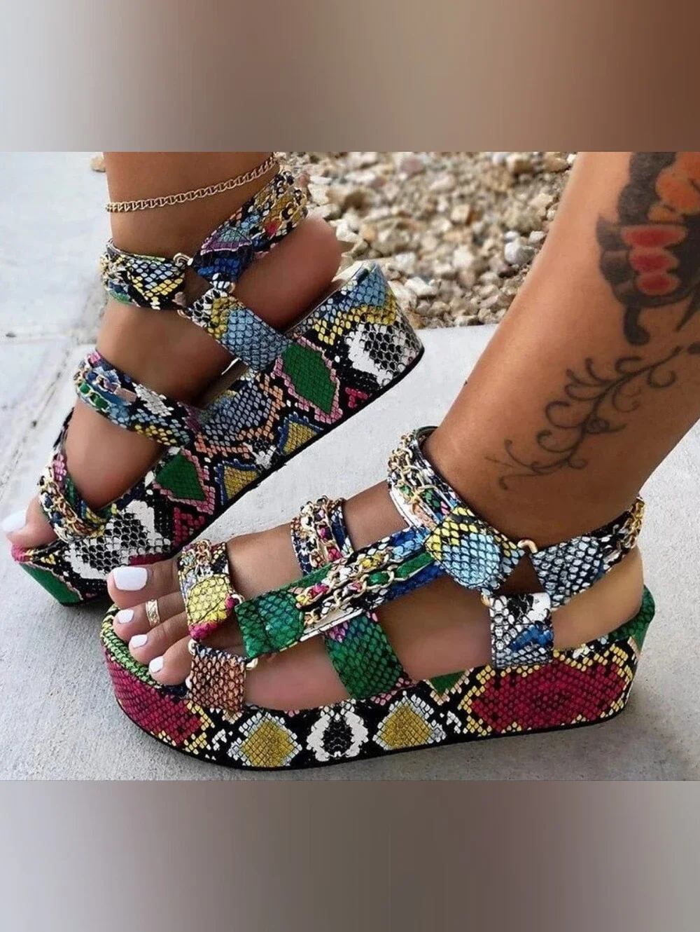 Multicolor Snake-Print Platform Sandals - Women